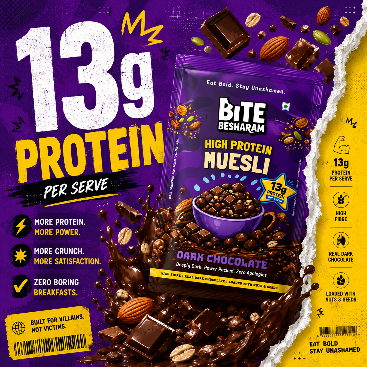 High Protein Dark Chocolate Muesli | 26g Protein/100g | Bite Besharam | Weekly Pack 7 x 50g