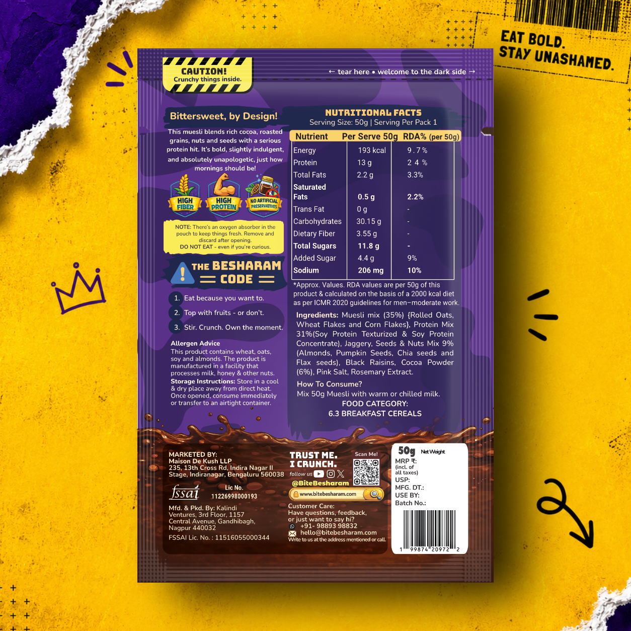 High Protein Dark Chocolate Muesli | 26g Protein/100g | Bite Besharam | Weekly Pack 7 x 50g