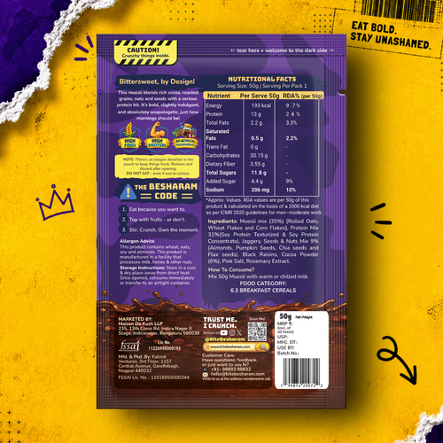High Protein Dark Chocolate Muesli | 26g Protein/100g | Bite Besharam | Weekly Pack 7 x 50g